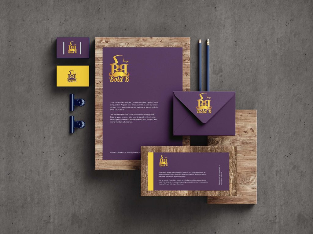 Bold’B creative brand identity mockup with purple and yellow custom logo design by The Brand Nova